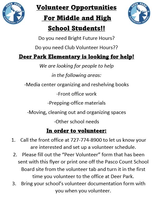 Volunteer Opportunities for Middle and High School Students!